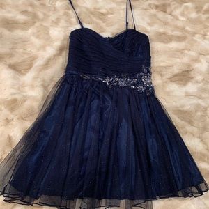 Navy blue glittery dress rhinestone beading detail